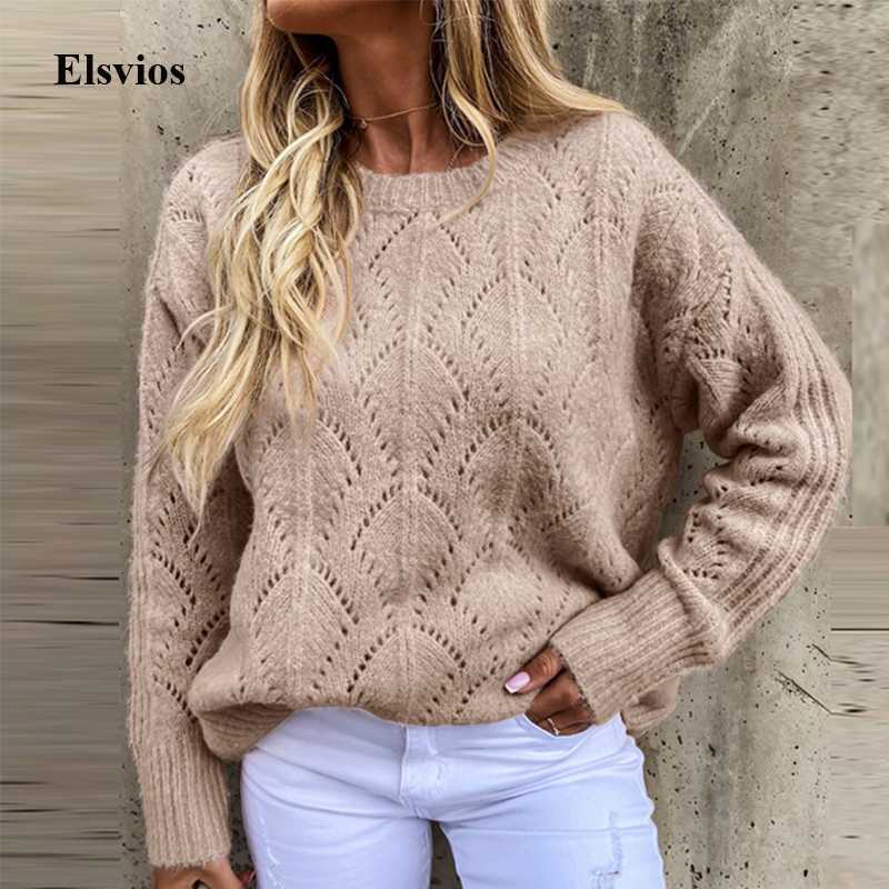 

Autumn Hollow Out Women Sweaters 2020 Women Vintage O-Neck Loose Knitted Sweater Elegant Winter Long Sleeve Pullover Tops Jumper, White