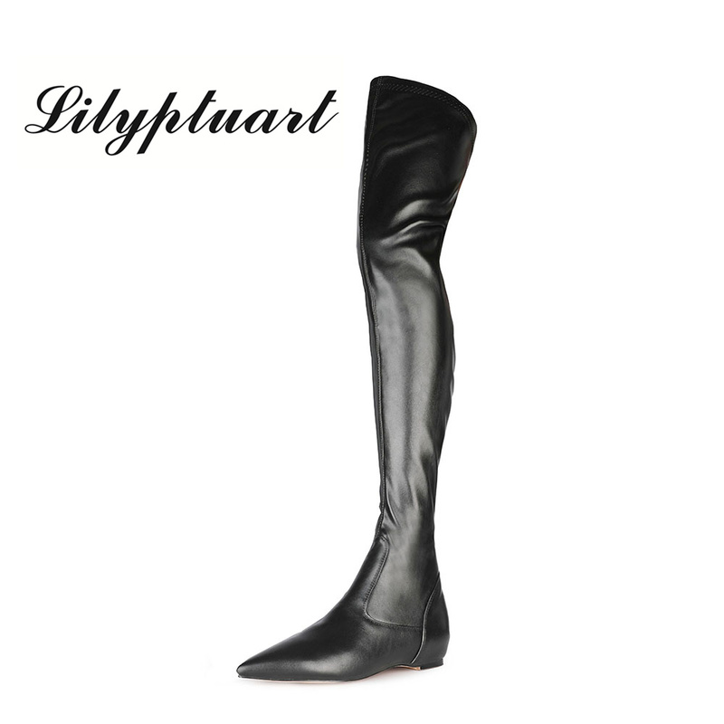 

Stovepipe elastic pointed toe low-heeled boots side zipper ladies plus size over the knee boots women thigh high, Black