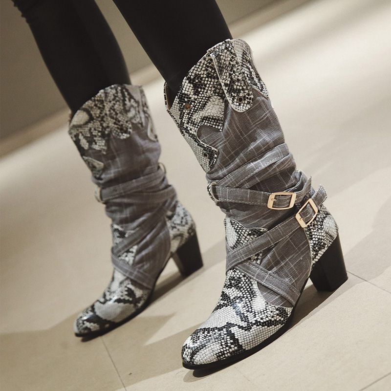 

AIWEIYi Woman Winter Snow Boots Ladies Western Cowboy Boots Snake Print Mid Calf Winter Shoes Women Botas Mujer Fur, Gray