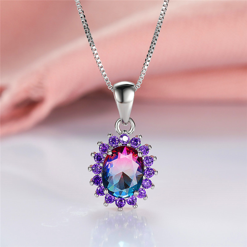 

Charm Female Rainbow Crystal Pendant Necklace Classic Silver Color Chain Necklaces For Women Cute Oval Flower Wedding Necklace