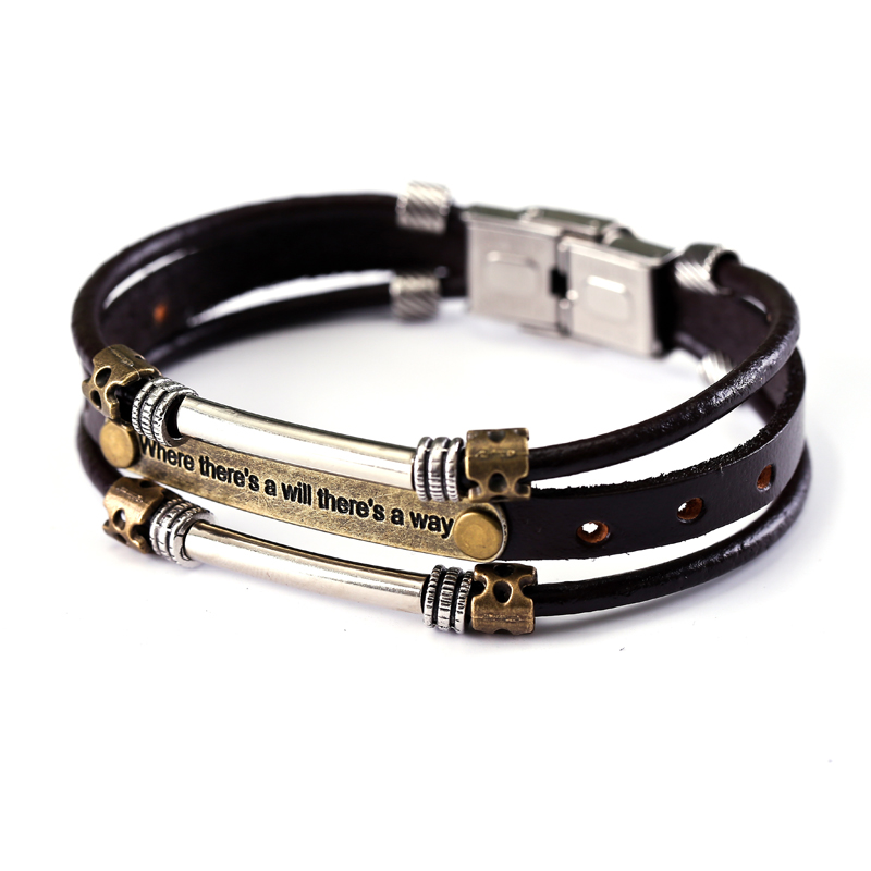 

Male and Female Couples Korean Version of Men's Bracelet Punk Wind Stainless Steel Buckle Cowhide Casual Sporty Fold Over Clasp