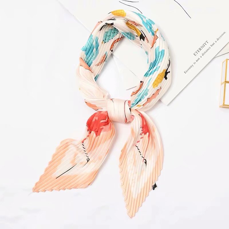 

Crinkle Silk Scarf Women Color Strip Crumple Neck Wear Pleated Girl Handkerchief Bufanda de dama Orange 55*55cm