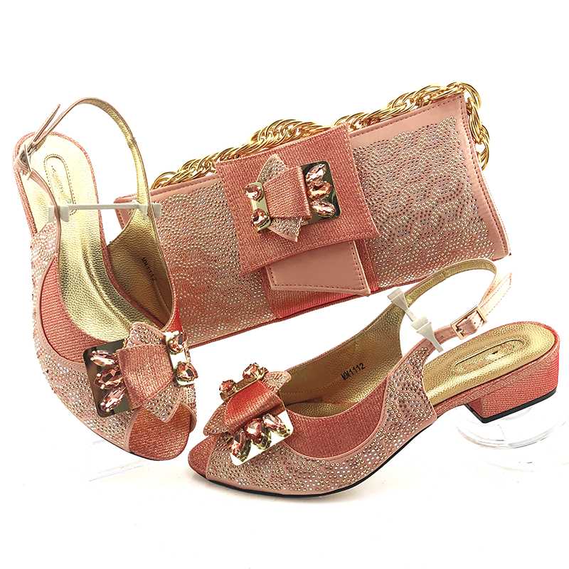 

Pretty wedding peach medium heel lady shoes and handbag set with rhinestones MM1112, heel height 3.8cm, As pic