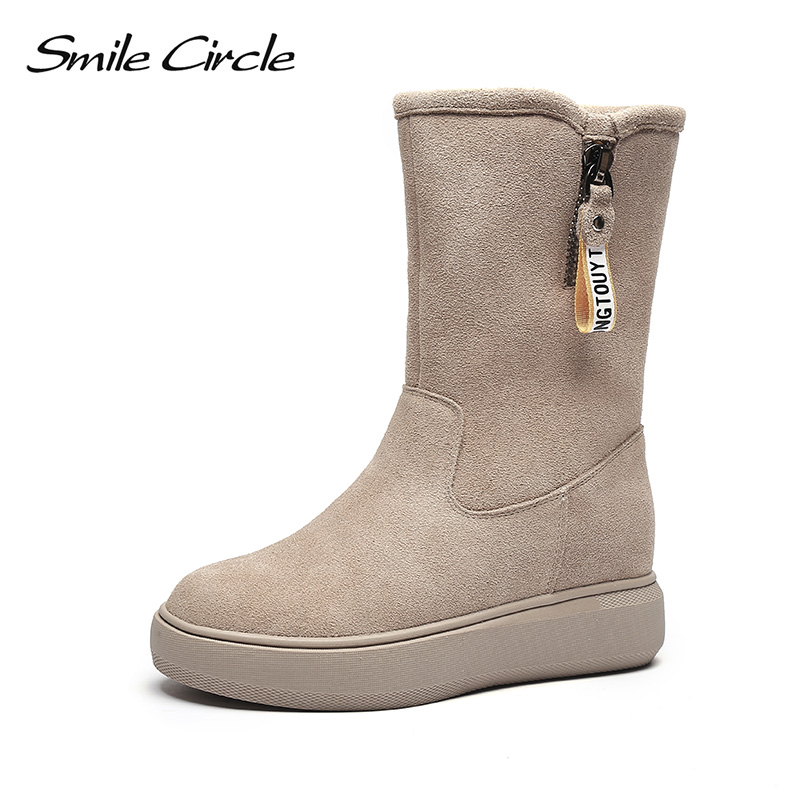 

Smile Circle Slip-on Snow Boots Women Winter flat platform shoes 2020 Warm Long-plush Thick bottom Ladies Boots, Beige