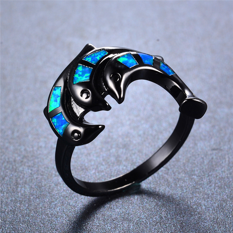 

Unique Female Blue White Fire Opal Ring 14KT Black Gold Animal Wedding Rings For Women Promise Love Dolphin Engagement Ring