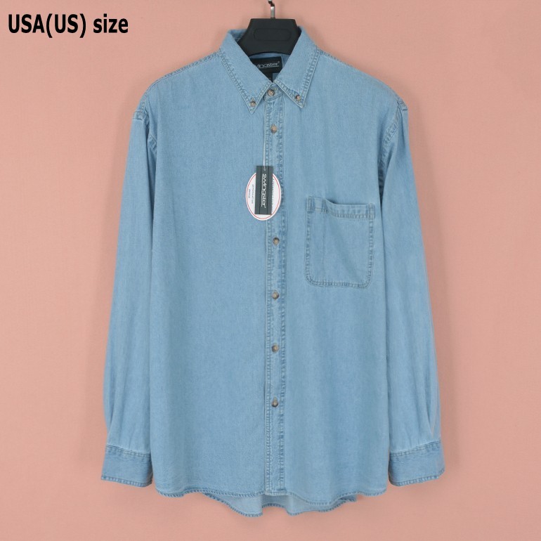 

Jeans Shirt Men 100 Cotton Long Sleeve Shirt Vintage Denim Big Size US size Blue One Pocket Fit Weight 70-110kg, Sky blue