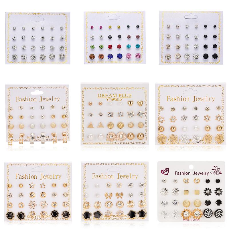 

Popular New Style Paper Card Zircon Earring Versitile 12 Pairs Pearl Flower Bow Card Earrings Female