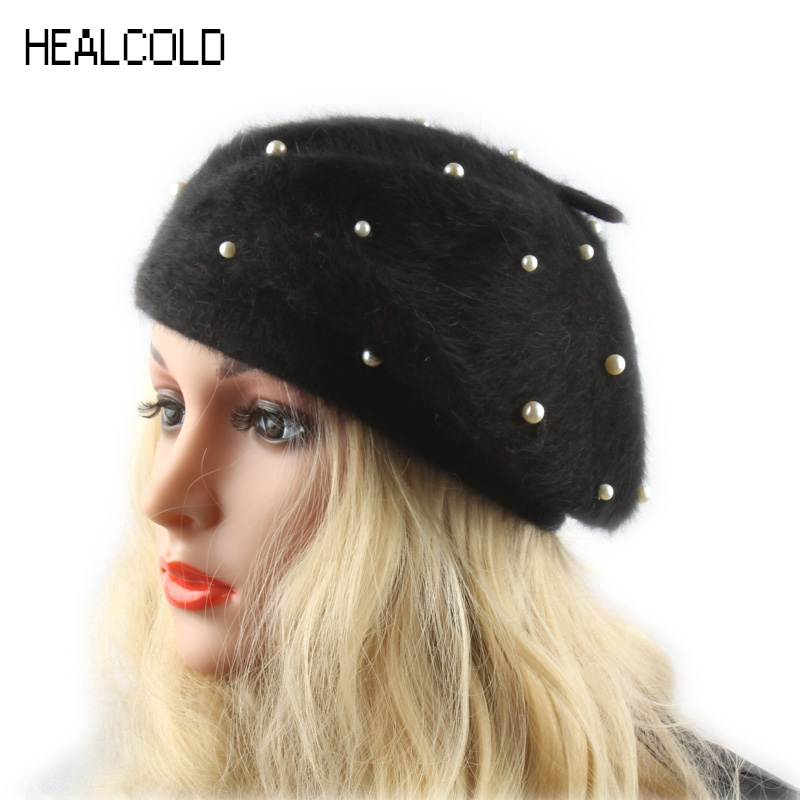 

HEALCOLD Winter Autumn Female Knitted Beret Fur Hat Pearl Decoration Womens Berets Caps, White