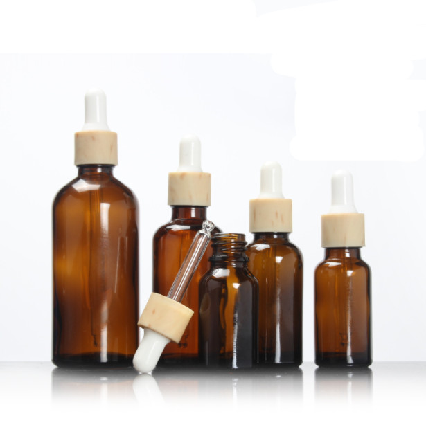 

5ml 10ml 15ml 30ml brown glass bottle wooden shape dropper bottle white bulb essential oil eye liquid serum toner