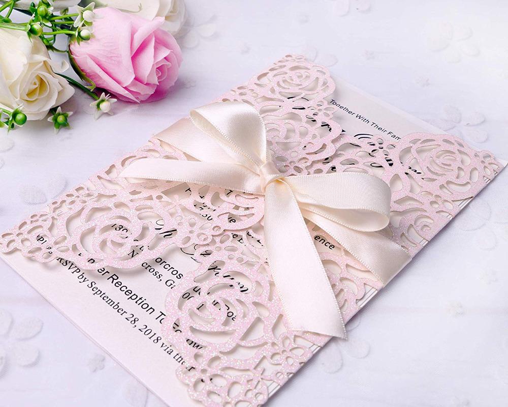 

PONATIA 20 PCS Light Pink Glitter Laser Cut Bling Invitations Card With Ribbon For Wedding Bridal Shower Engagement Birthday
