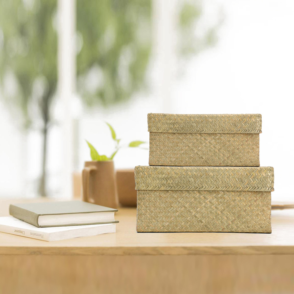 

Handmade Straw Woven Storage Basket with Lid Makeup Organizer Box Seagrass Laundry Baskets Rattan Jewelry