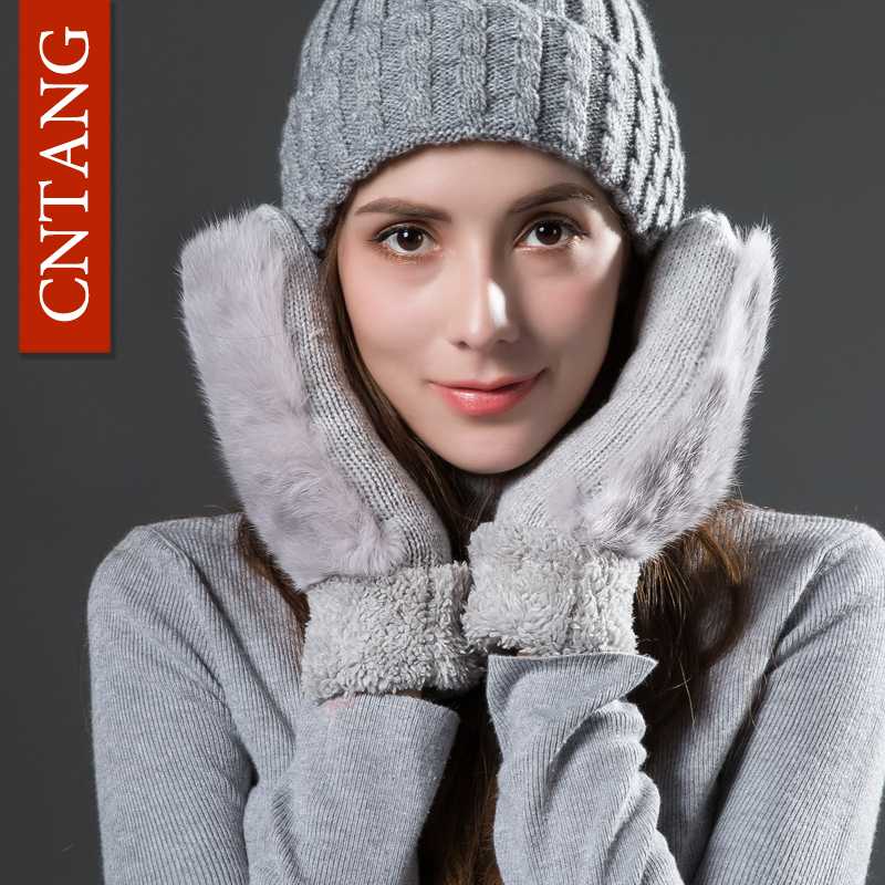 

CNTANG Women Cute Real Fur Gloves Autumn Winter Warm Wool Mittens Gloves For Ladies Fashion Knitted Velvet Female