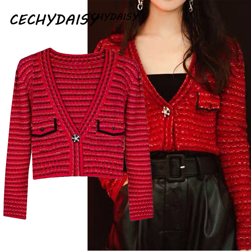 

Christmas red sweaters cardigans women autumn fashion button up sexy v-neck long sleeve Korean clothes zaful knitted top outwear