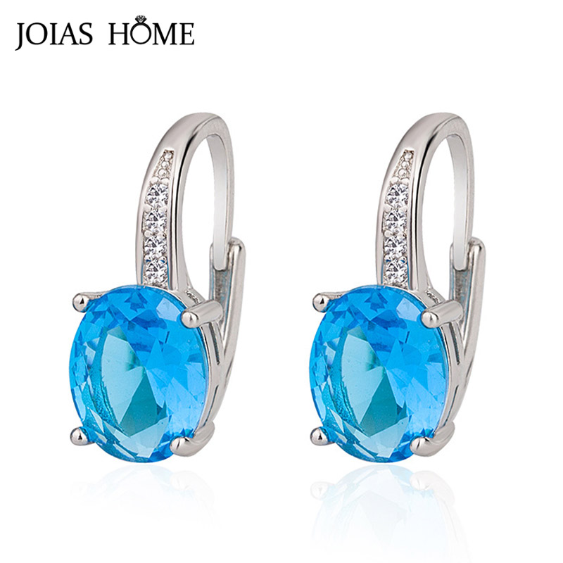 

JoiasHome Oval Gemstone Earrings for Women Classic Silver 925 Jewelry Red Blue Purple Yellow Zircon Ear drops Simple Female Gift