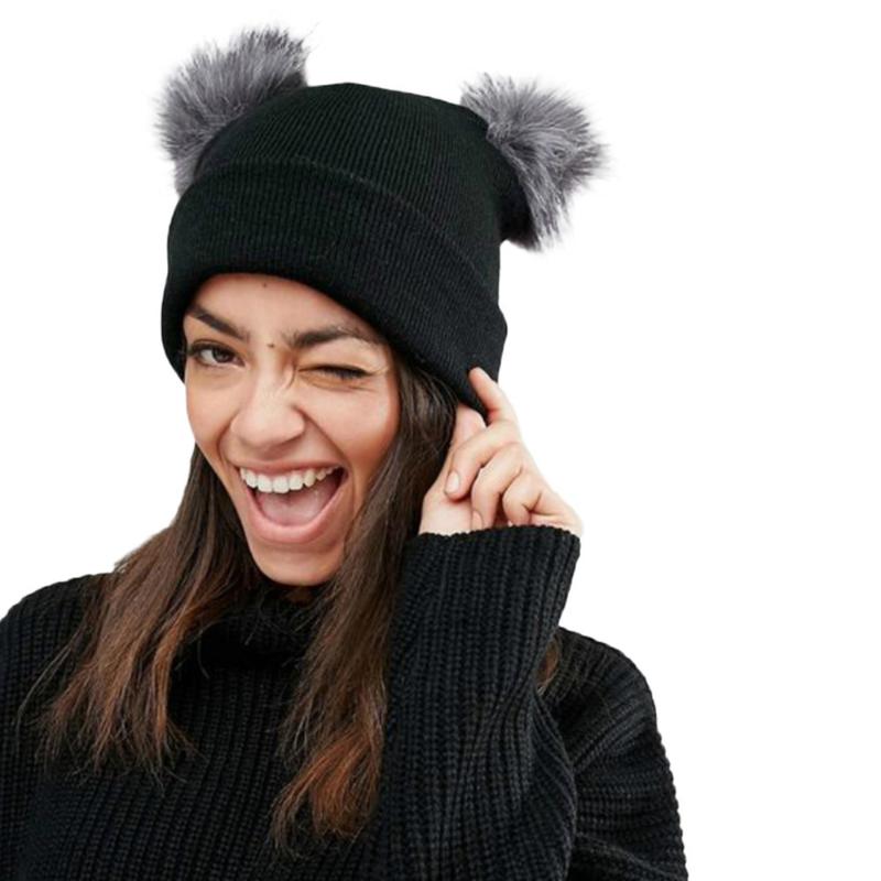 

New Women Faux Fur Pompom Hat Female Winter Warm Cap Knitted Beanie Girl Double Ball Pom Pom Hats Woman Bonnet Femme #YJ, Dark grey
