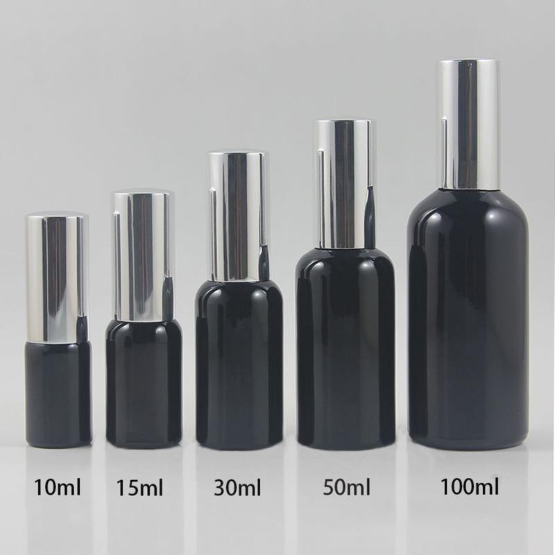 

15ml Glass Black/Black Frosted Pump Bottle with Silver Lid