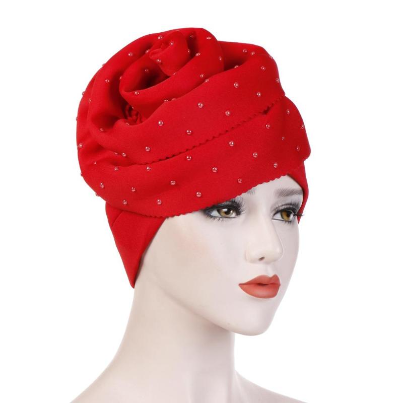 

Female Beaded Turban Bonnet Hat Women Side Larger Flower Head Cover Solid Head Wrap Space Cotton Ladies Party Cap TB-122A, White