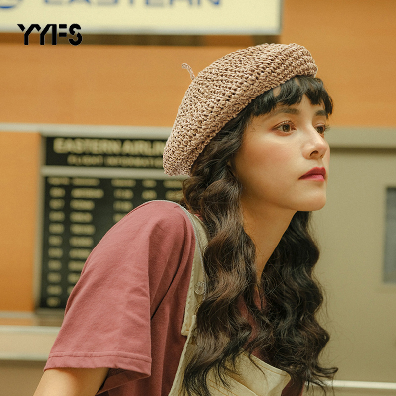 

Original Design Hand Hook Women Beret Hats High Quality Ladies Flat Straw Solid Cap Spring Autumn Dropshipping mujer, White
