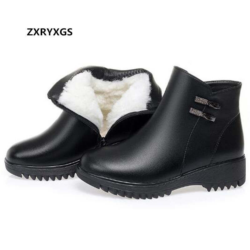 

New Style Genuine Leather Warm Shoes Winter Boots Women's Boots Fashion Wild Non-slip Ankle Inisde Plush / Wool Snow, Black inisde plush
