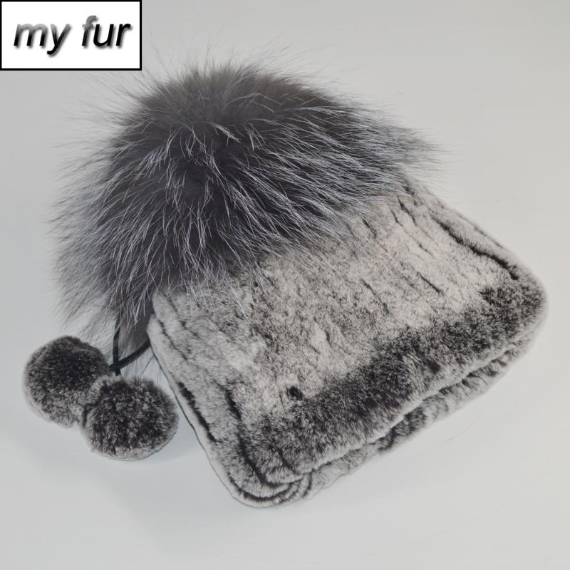 

New Style Luxury Winter Lady Knitted Real Rex Fur Hat 2020 Women Warm Good Quality 100% Natural Real Fur Ball Caps, White