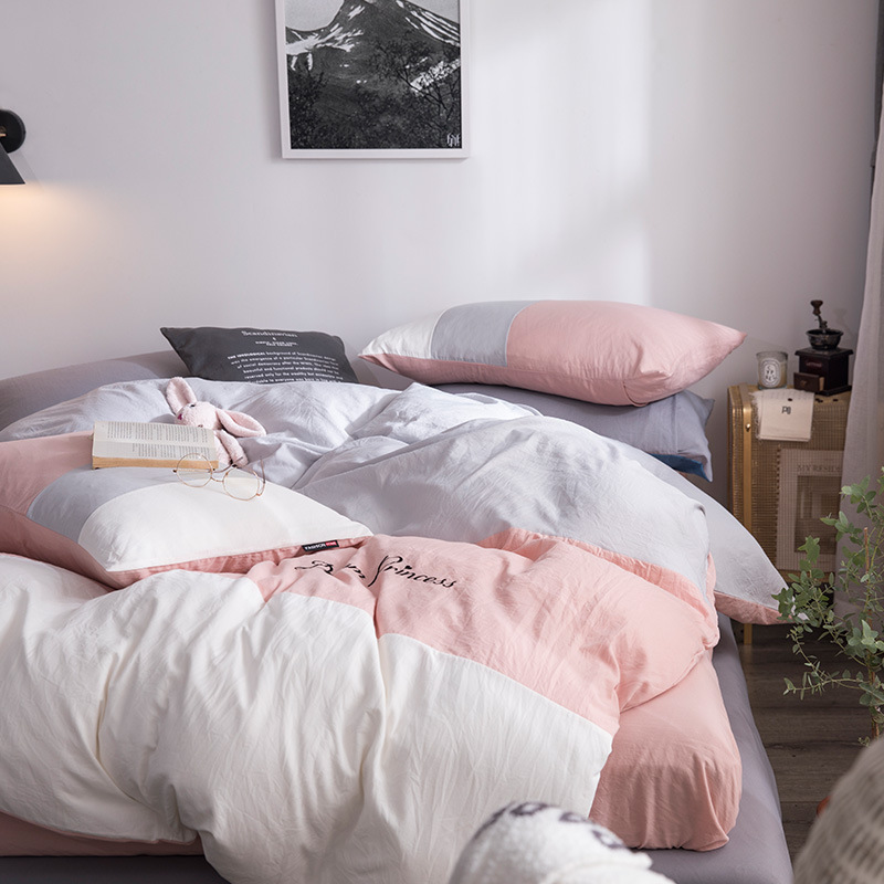 

Spring and Summer New Washed Cotton Zhen Cotton Series Bedding Three-Color Color Matching Four-Piece Set, As pic