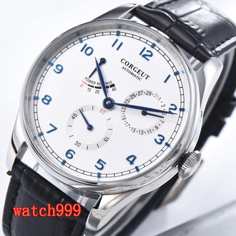 

Wristwatches Corgeut 42 Mm White Dial Stainless Steel Case Power Reserve Men's Watches Blue Number Leather Automatic Mechanical