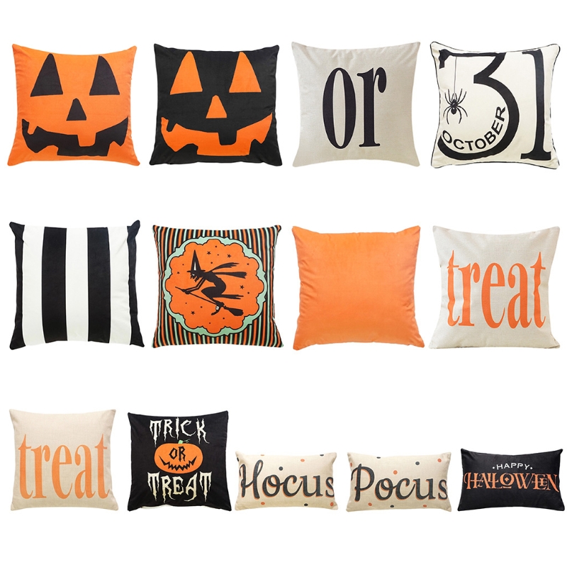 

Halloween Linen Throw Pillow Case Pumpkin Trick or Treat Letters Cushion Cover