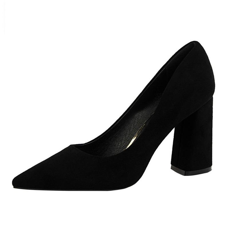 

Casual ladies high heels pump flock fashion high heels 8.5 cm square women shoes fashion red black thick heel daily pump