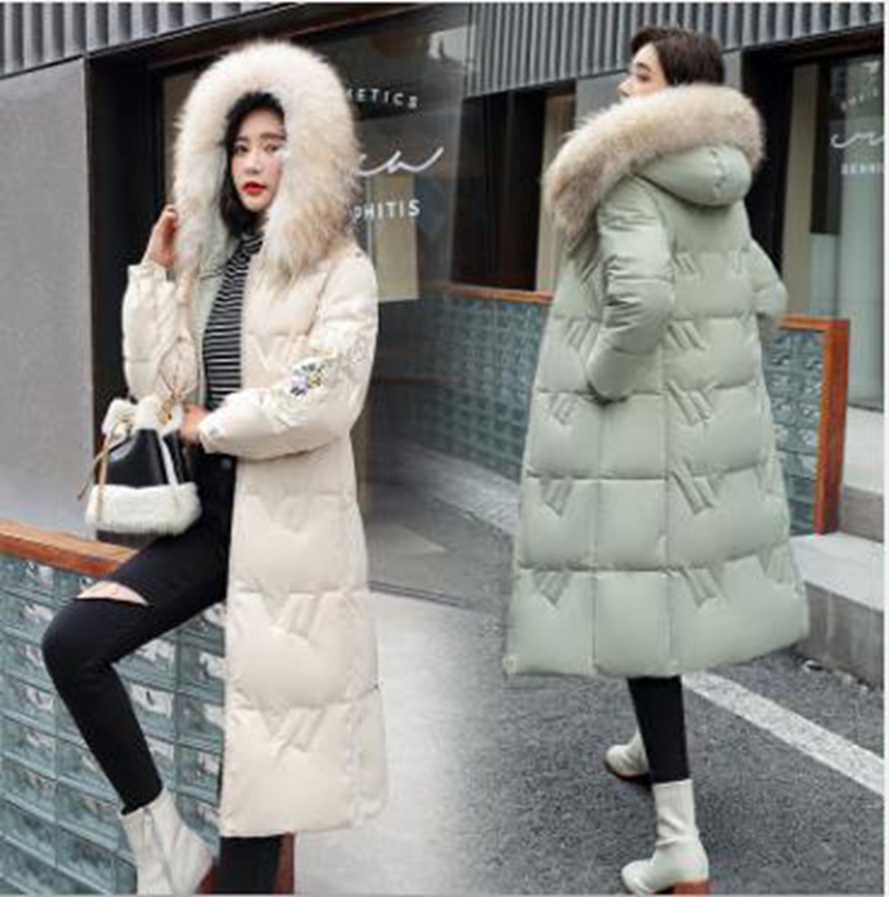 

Wholesale Fashion Women's Winter Mid-length Embroidered Slim Over-the-knee Double-faced Down Cotton Jacket with Large Fur Collar, Rust red