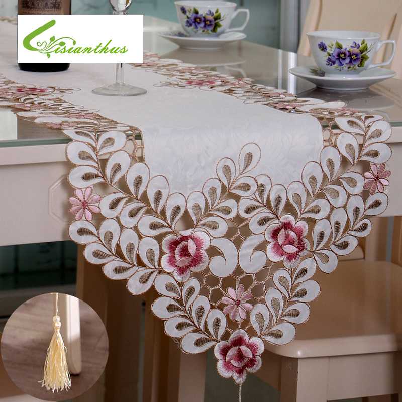 

Europe Table Runner Ployester Floral Lace Dust Proof Covers for Table Home Party Wedding Decoration Party Free Shipping, White