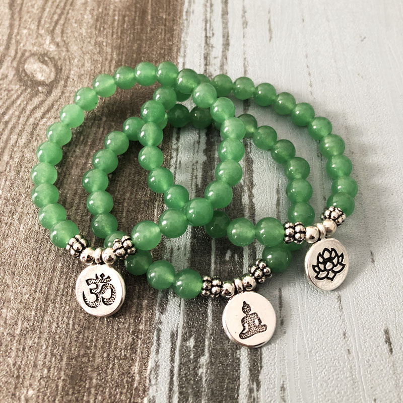 

Men Women Mala OM Bracelets Lotus Buddha Yoga Charm Wrist Green Aventurine Beaded Wrist Boho Yoga Jewelry