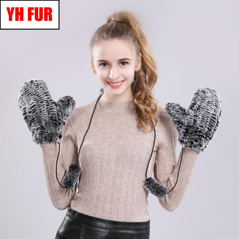 

Women Fashion Handmade Knit Real Rex Fur Gloves Outdoor Elastic Russian Thick Warm Natural Rex Fur Gloves Mittens