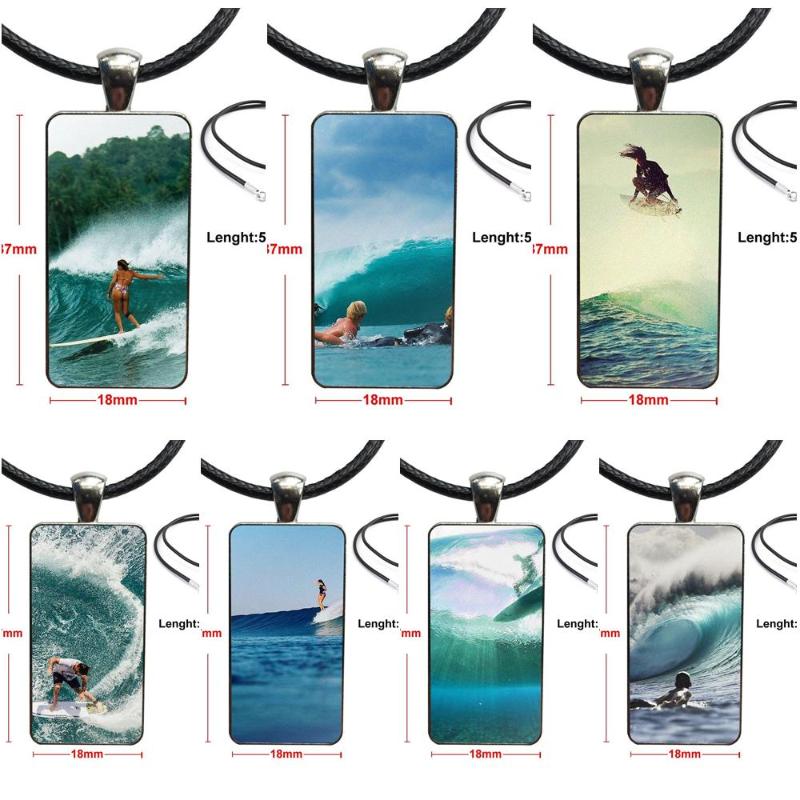 

For Women Girl Gift Glass Cabochon Jewelry Steel Color With Long Pendant Choker Rectangle Necklace Surf Tumblr