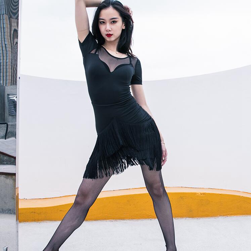 

Wine Red Fringed Latin Dance Training Dress Breathable Comfortable Flowing Dress Competition Practice, Black