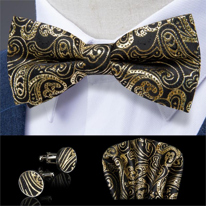 

Bow Tie Gold Black Paisley Silk Bowtie Mens Wedding Bowtie Pocket Square Cufflinks Set DiBanGu Designer Wedding Party LH-137