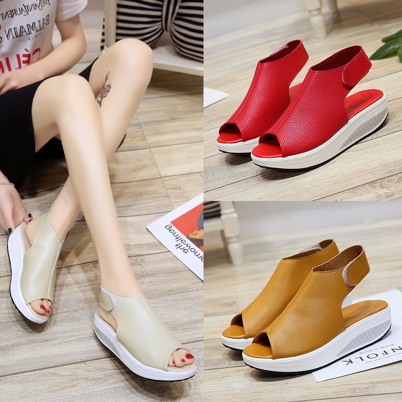 

2020 Fashion Summer Sandals Women Shake Shoes Thick Wedges Slope Platform Head Leather Sandals Women Casual Flats Shoes, Yellow
