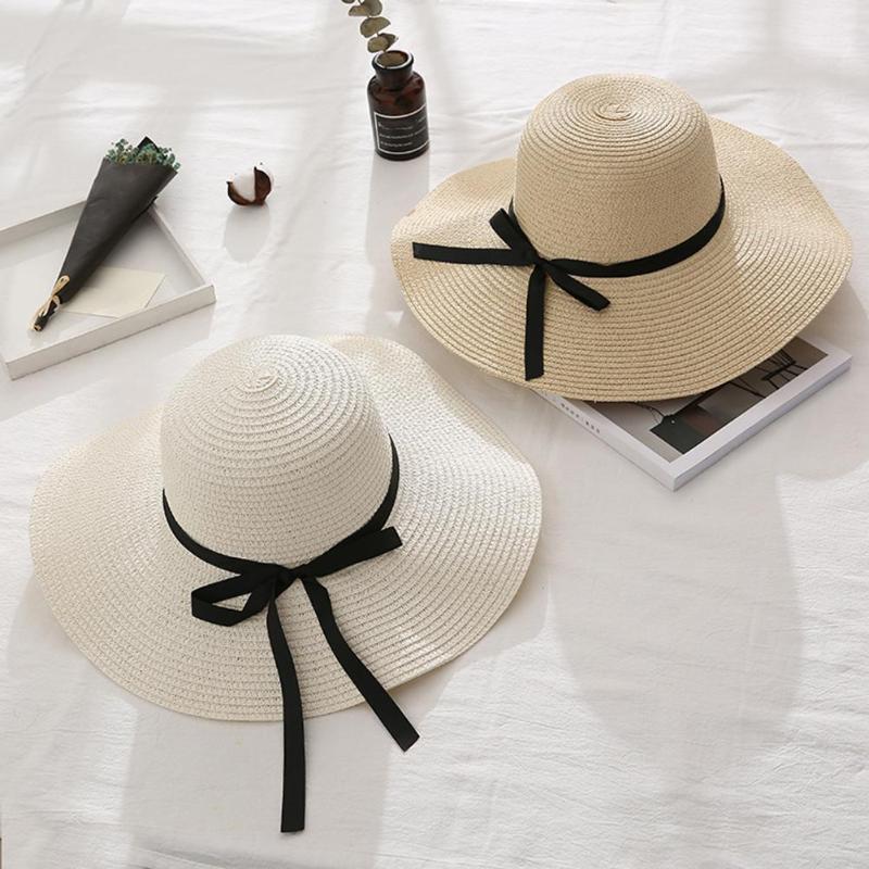 

Women Summer Travel Beach UV Protection Bowknot Wide Brim Straw Hat Sun Cap For ladies hats Accessories fashon cap trendy, White