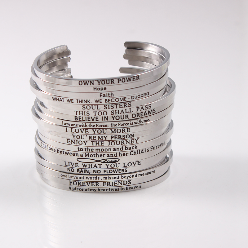 

Newest Stainless Steel Engraved Positive Inspirational Quote Hand Stamped Cuff Mantra Bracelet Bangles For Man Women Best Gifts