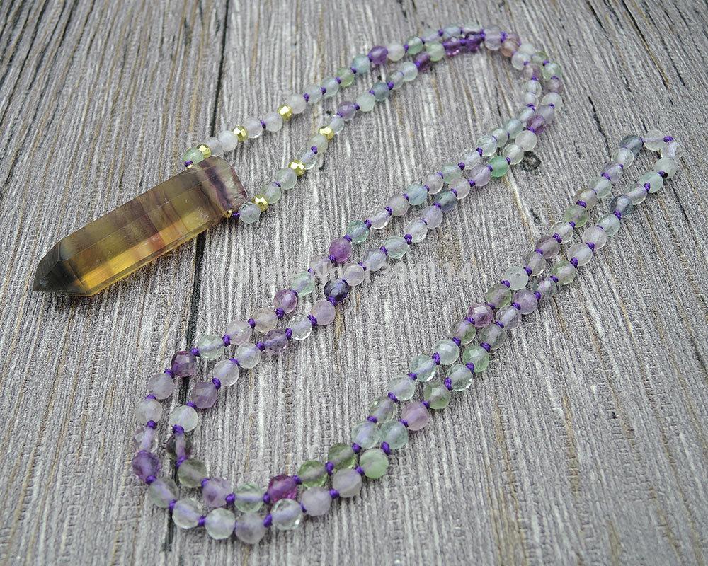 

Natural Fluorite Point Pendant & 4mm Purple Fluorite Faceted Round Beads Knot Handmade Necklace 30inch Or 40inch