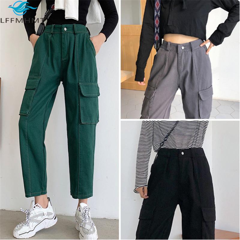 

Women Fashion BF Style Cool Girl Hip Hop Multi Pockets Denim Pant Female Casual Loose High Quality Ankle Length Harem Wild Jeans, Pink