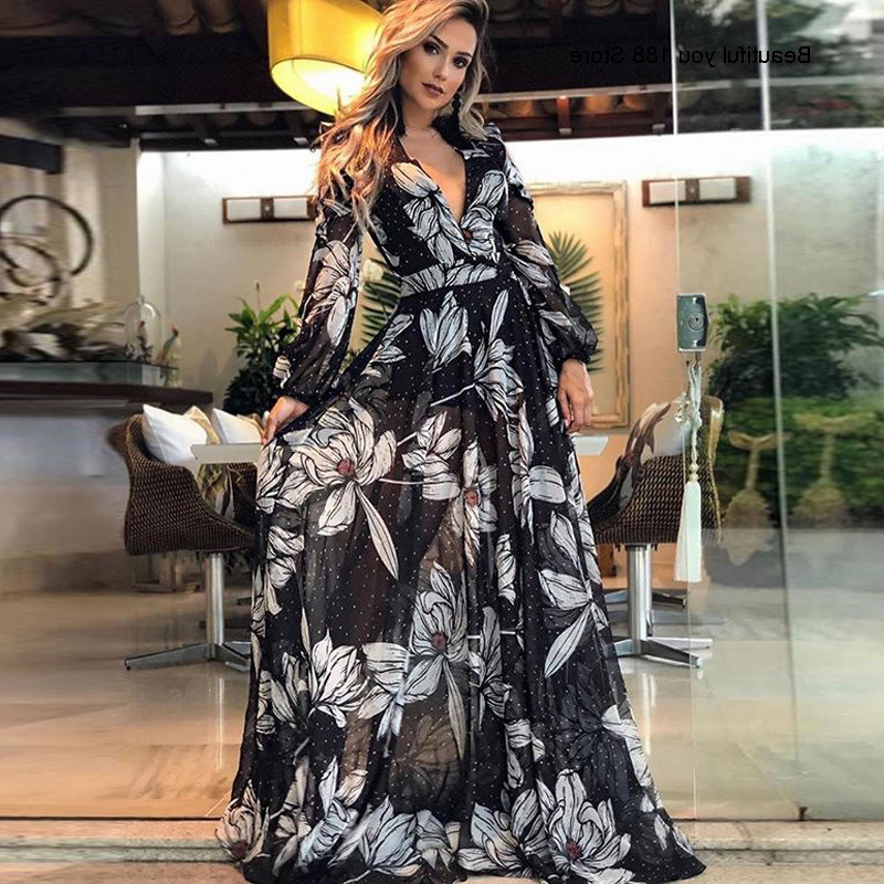 

dress New women' sexy deep V long sleeve printed dress, Black