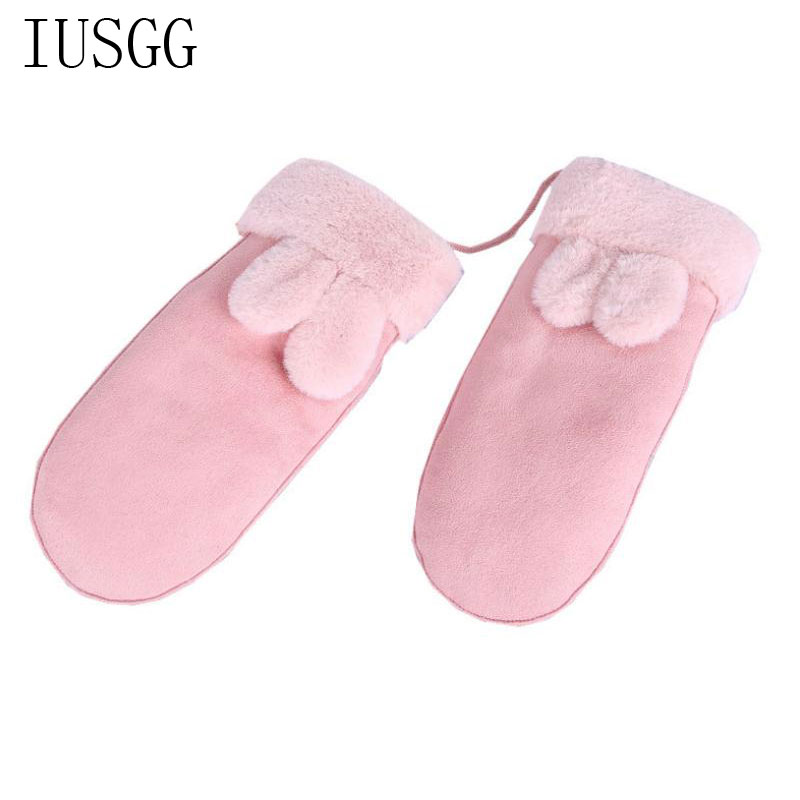 

Lovely Cartoon Suede Ear Gloves Women Winter Double Layer Thicken Gloves Girls Warm Funny Mittens Plus Hanging Neck