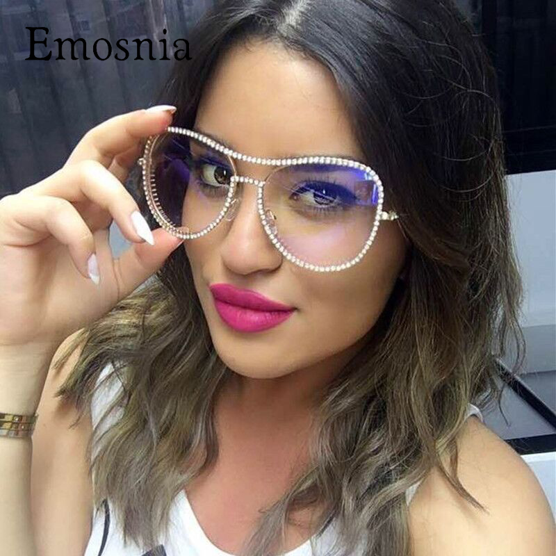 

Emosnia 2020 Luxury Sunglasses Women Decorative Rhinestone Brand Designer Copper Frame Mirror Lens Double Bridge Sun Glasses
