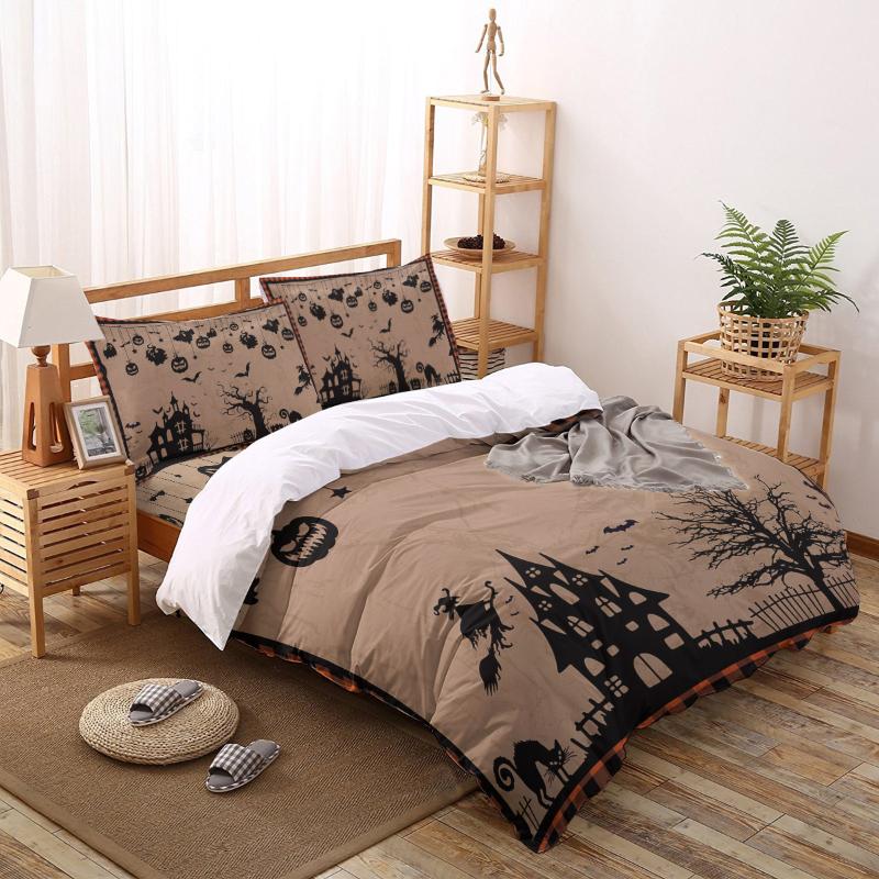 

Halloween Plaid Cat Witch Bat Ghost Castle Home Bedding Sets Bed Duvet Cover Flat Sheet Pillowcase  Full King Queen Bed Set, As pic