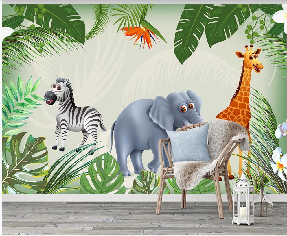 

3d wallpaper custom photo mural Tropical plant leaf animal elephant giraffe background home decor living room wallpaper for walls 3 d, Non-woven wallpaper