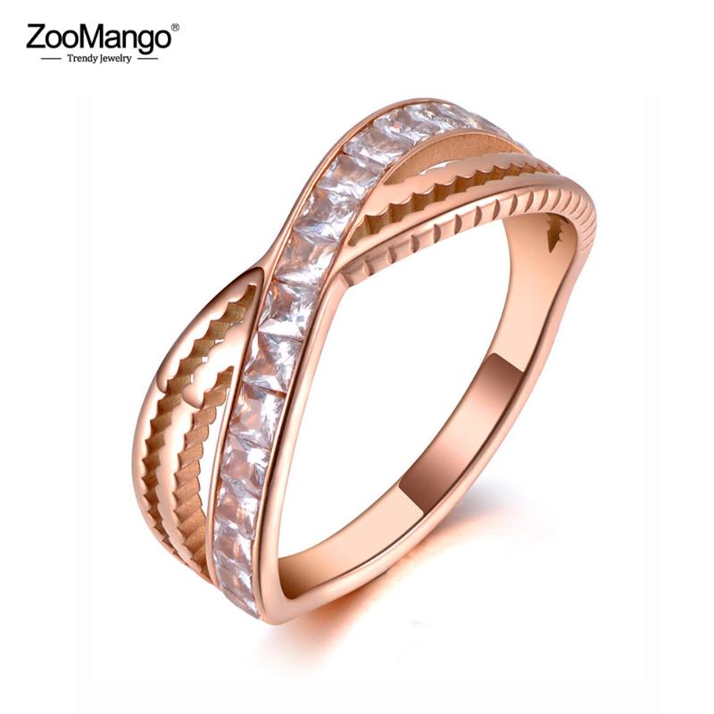 

ZooMango Trendy Titanium Stainless Steel X Shape Female Ring Jewelry Rose Gold Mosaic CZ Crystal Wedding Rings For Women ZR19142
