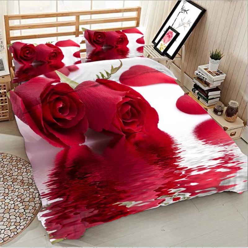 

WOSTAR Bedding Set Home Textiles king Size summer bed linen 2/3pcs Bedclothes 3d printing water rose duvet cover and pillowcase, White
