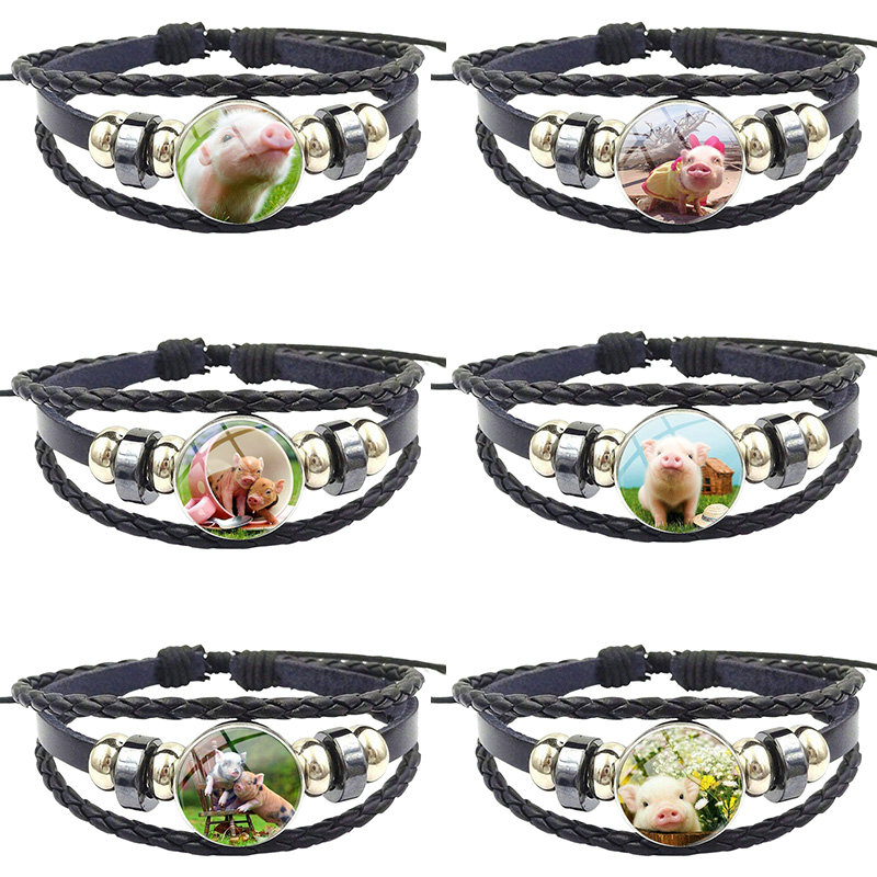 

Little Baby Pig Fashion Glass High Quality Girls Black Leather Bracelet Bangles Jewelry For Girls Handmade Gift