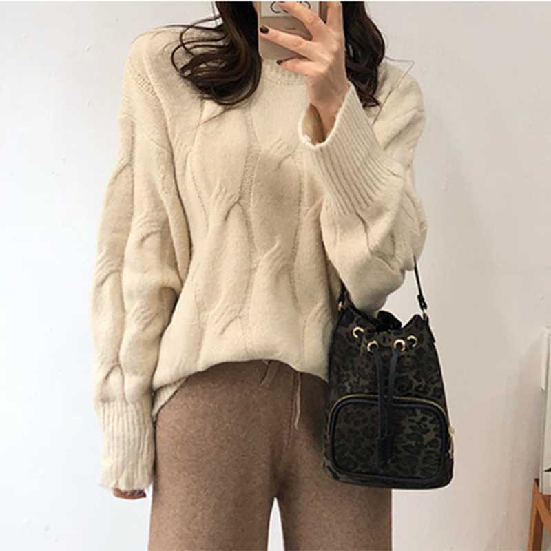

Twisted Knit Pullover Jumpers Women O-Neck Long Sleeve Loose Casual Sweater Vintage Autumn Winter Warm Outwear Solid 2020 X467, Orange