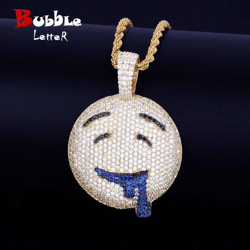 

Drool Round Face Pendant With Tennis Chain Gold Color Charm Bling Cubic Zircon Men's Hip hop Necklace Rock Jewelry